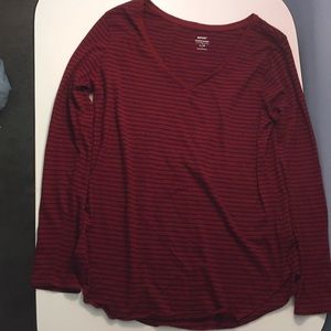 Red long sleeve shirt with navy stripes